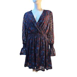 Disney Princess Floral Navy Lace Dress With Smocked Waist & Bell Sleeves XL EUC